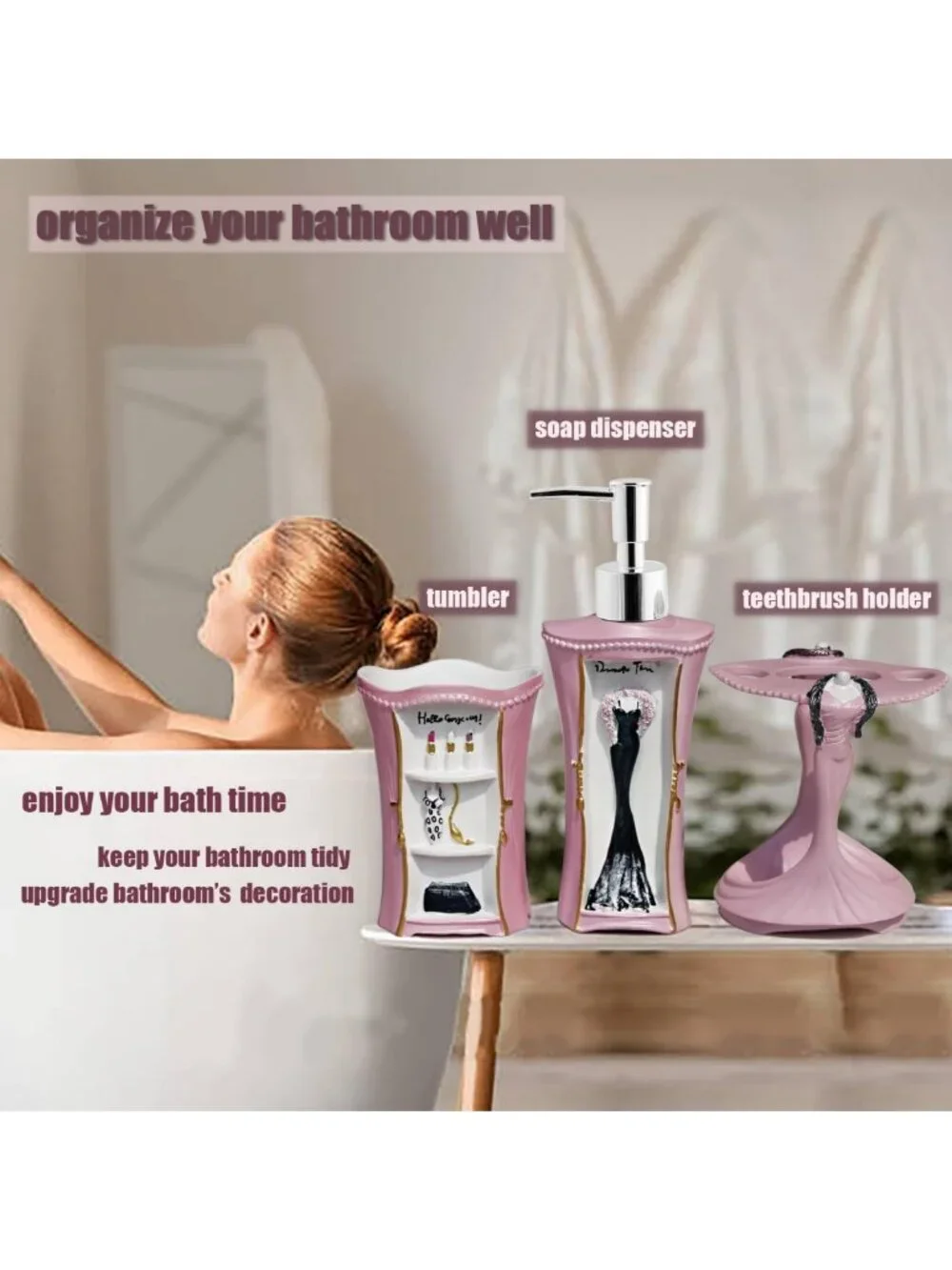 5-Piece Pink Bathroom Accessories Set - Soap Dispenser, Toothbrush Holder & More